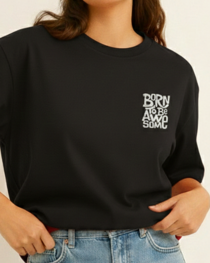 Person wearing a black sweatshirt with white text on a plain background