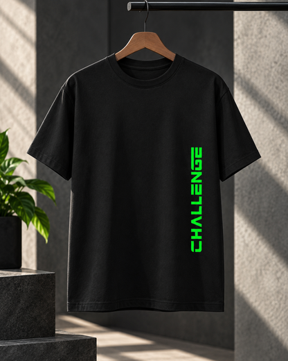 Black unisex classic crew regular fit T-shirt with neon green Challenge graphic by White Bear