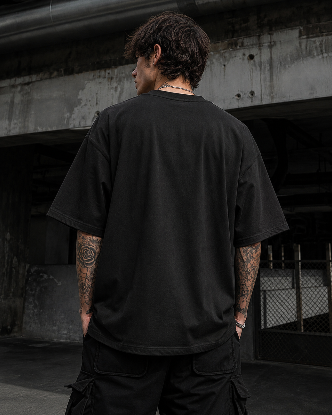 oversized black t-shirt with a bold red and white 'SHIT' graphic on the front, from white bear brand