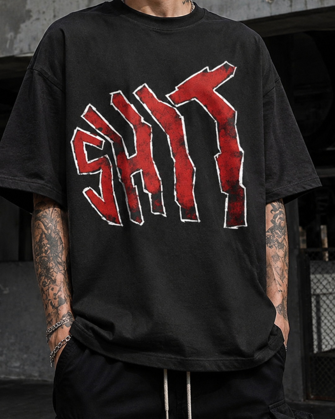 oversized black t-shirt with a bold red and white 'SHIT' graphic on the front, from white bear brand