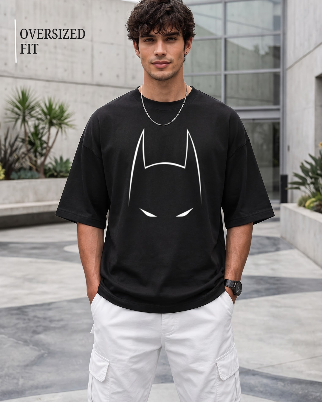 unisex Black oversized cotton graphic T-shirt for men featuring batman superhero inspired mask design in premium streetwear style by White Bear Clothing.