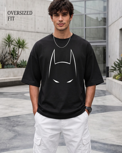 unisex Black oversized cotton graphic T-shirt for men featuring batman superhero inspired mask design in premium streetwear style by White Bear Clothing.
