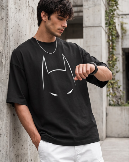 unisex Black oversized cotton graphic T-shirt for men featuring batman superhero inspired mask design in premium streetwear style by White Bear Clothing.