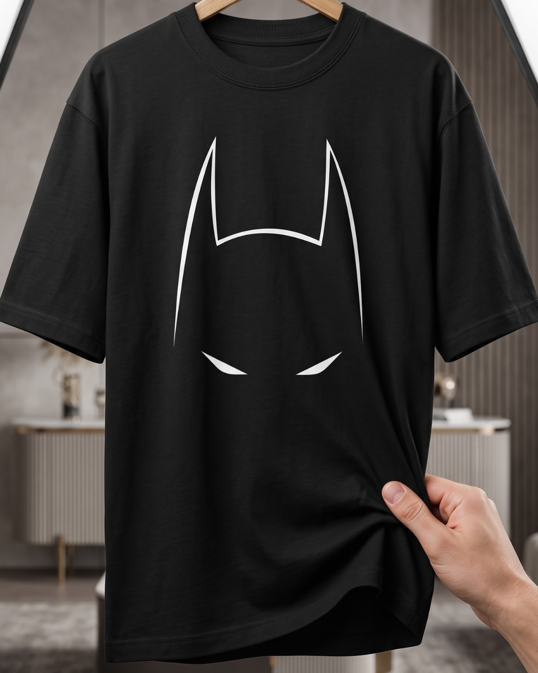 unisex Black oversized cotton graphic T-shirt for men featuring batman superhero inspired mask design in premium streetwear style by White Bear Clothing.