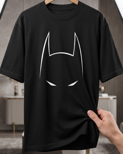 unisex Black oversized cotton graphic T-shirt for men featuring batman superhero inspired mask design in premium streetwear style by White Bear Clothing.