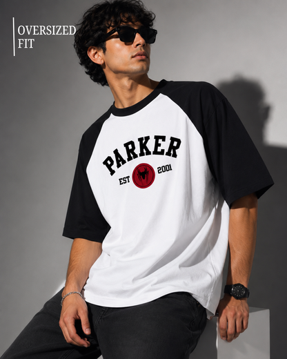 Black and white oversized raglan T-shirt for men and women featuring a premium 180 GSM cotton melange fabric, drop shoulder fit, half sleeves, and Parker graphic print by White Bear Clothing.