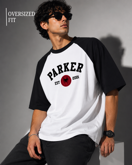 Black and white oversized raglan T-shirt for men and women featuring a premium 180 GSM cotton melange fabric, drop shoulder fit, half sleeves, and Parker graphic print by White Bear Clothing.