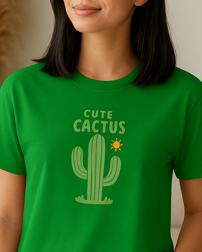 Person wearing a green t-shirt with a cactus graphic and 'Cute Cactus' text.