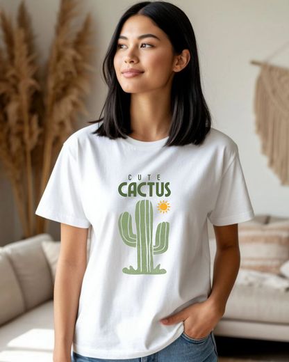 Woman wearing a white t-shirt with a cactus graphic and 'Cute Cactus' text.