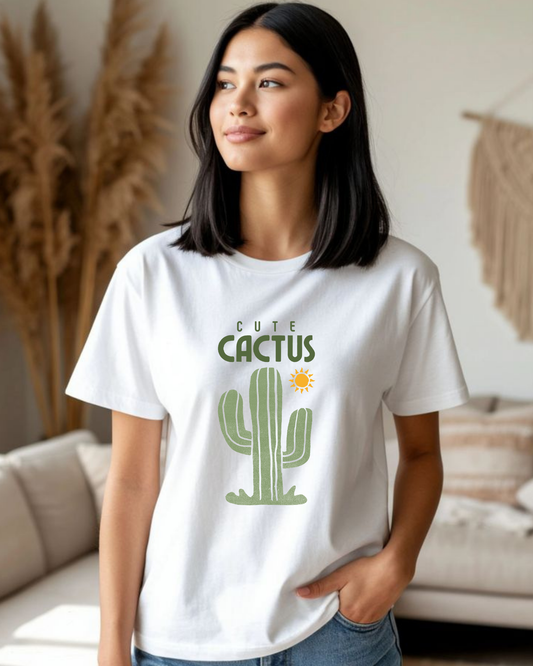 Woman wearing a white t-shirt with a cactus graphic and 'Cute Cactus' text.