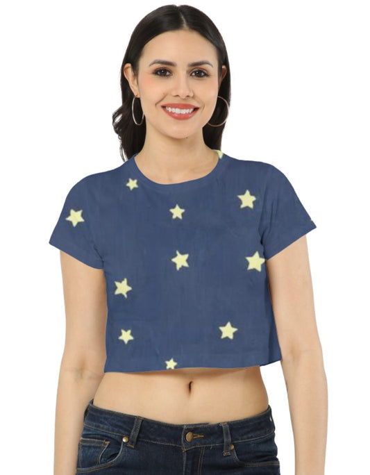Women Printed Crop Top-Blue color-White Bear