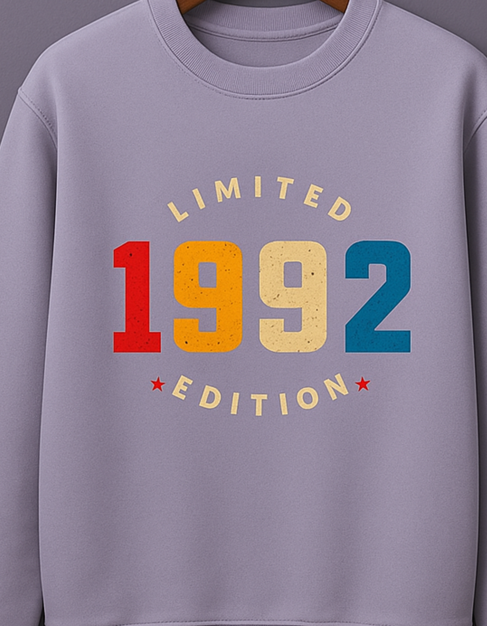 lavender sweatshirt with 'LIMITED 1992 EDITION' text
