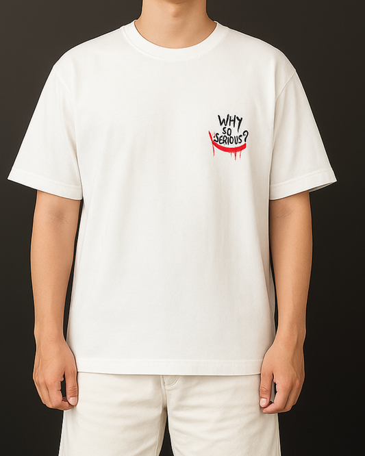  white t-shirt with a graphic design on a black background
