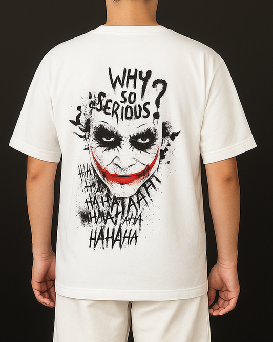 White t-shirt with Joker graphic and 'Why so serious?' text on a black background