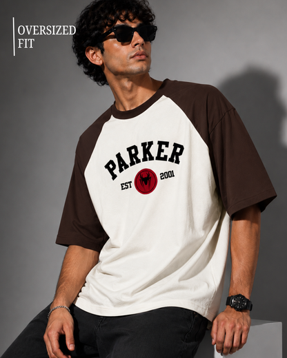 maroon and off white oversized raglan T-shirt for men and women featuring a premium 180 GSM cotton melange fabric, drop shoulder fit, half sleeves, and Parker graphic print by White Bear Clothing.