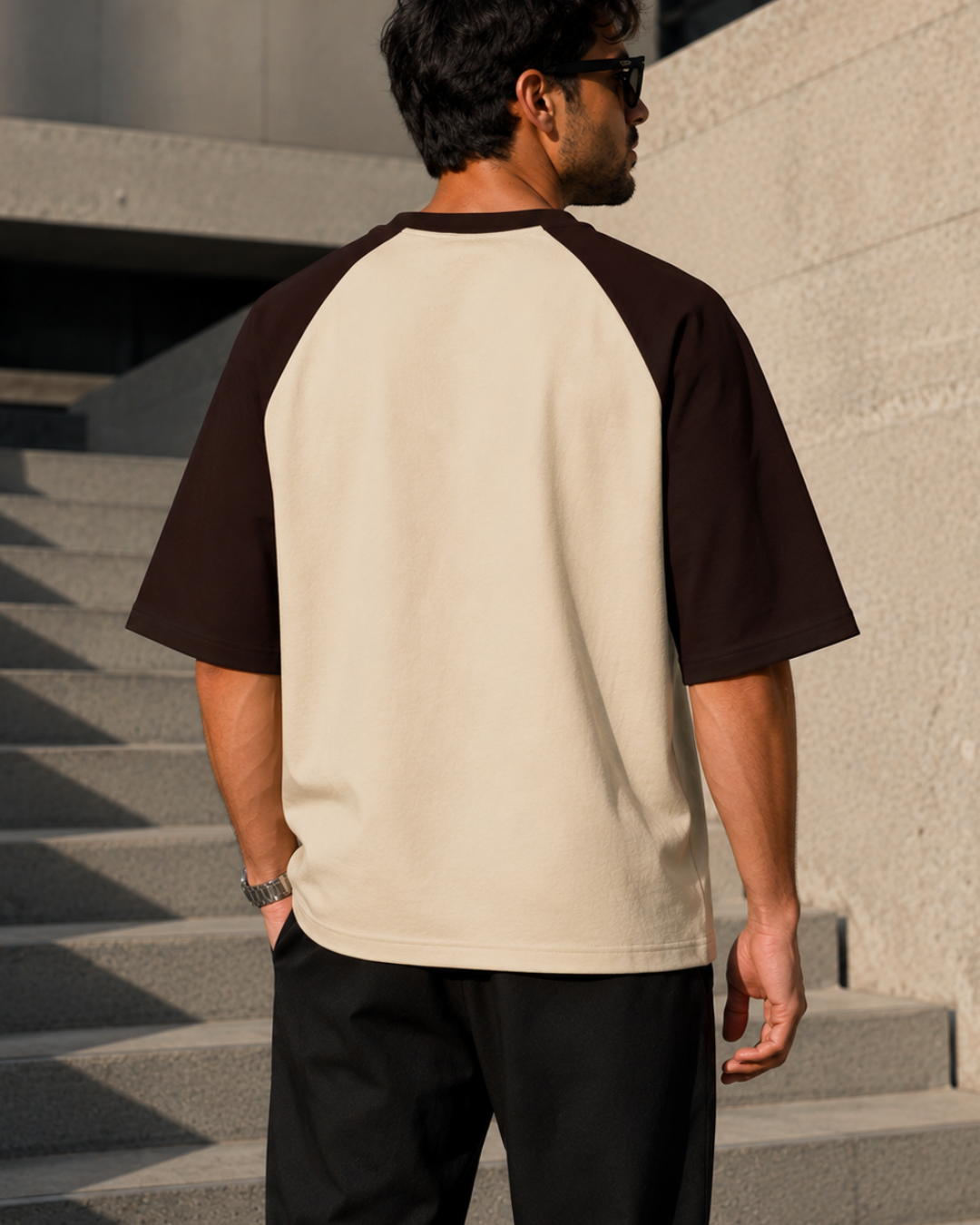 Men wearing oversized coffee brown and off white raglan T-shirt made from 100% cotton 180 GSM premium streetwear oversized fit from white bear brand