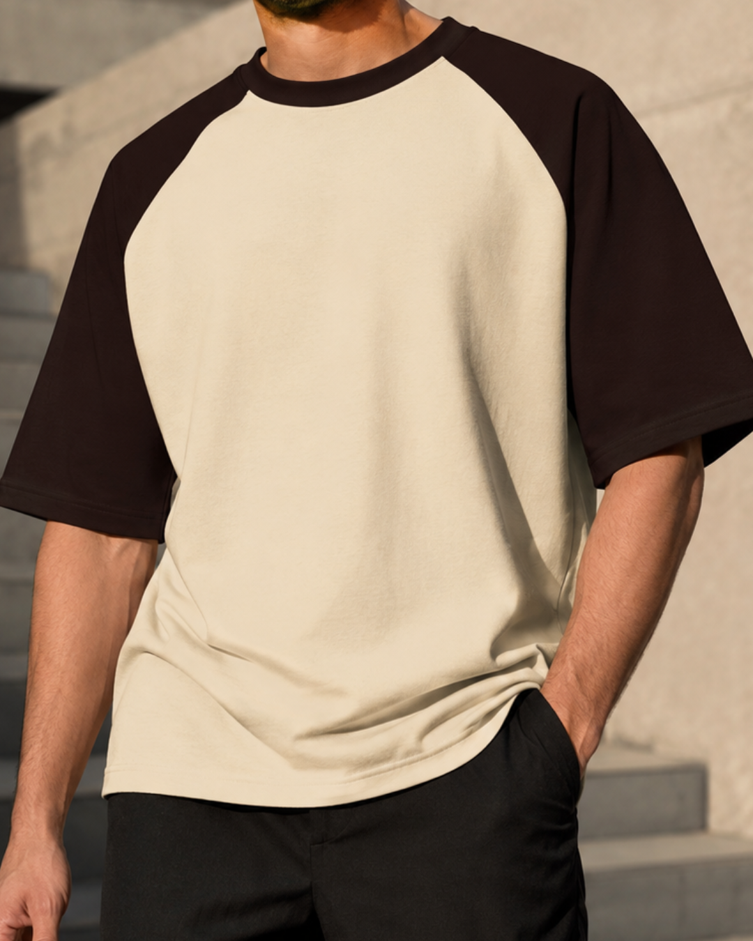 Men wearing oversized coffee brown and off white raglan T-shirt made from 100% cotton 180 GSM premium streetwear oversized fit from white bear brand