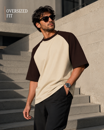 Men wearing oversized coffee brown and off white raglan T-shirt made from 100% cotton 180 GSM premium streetwear oversized fit from white bear brand