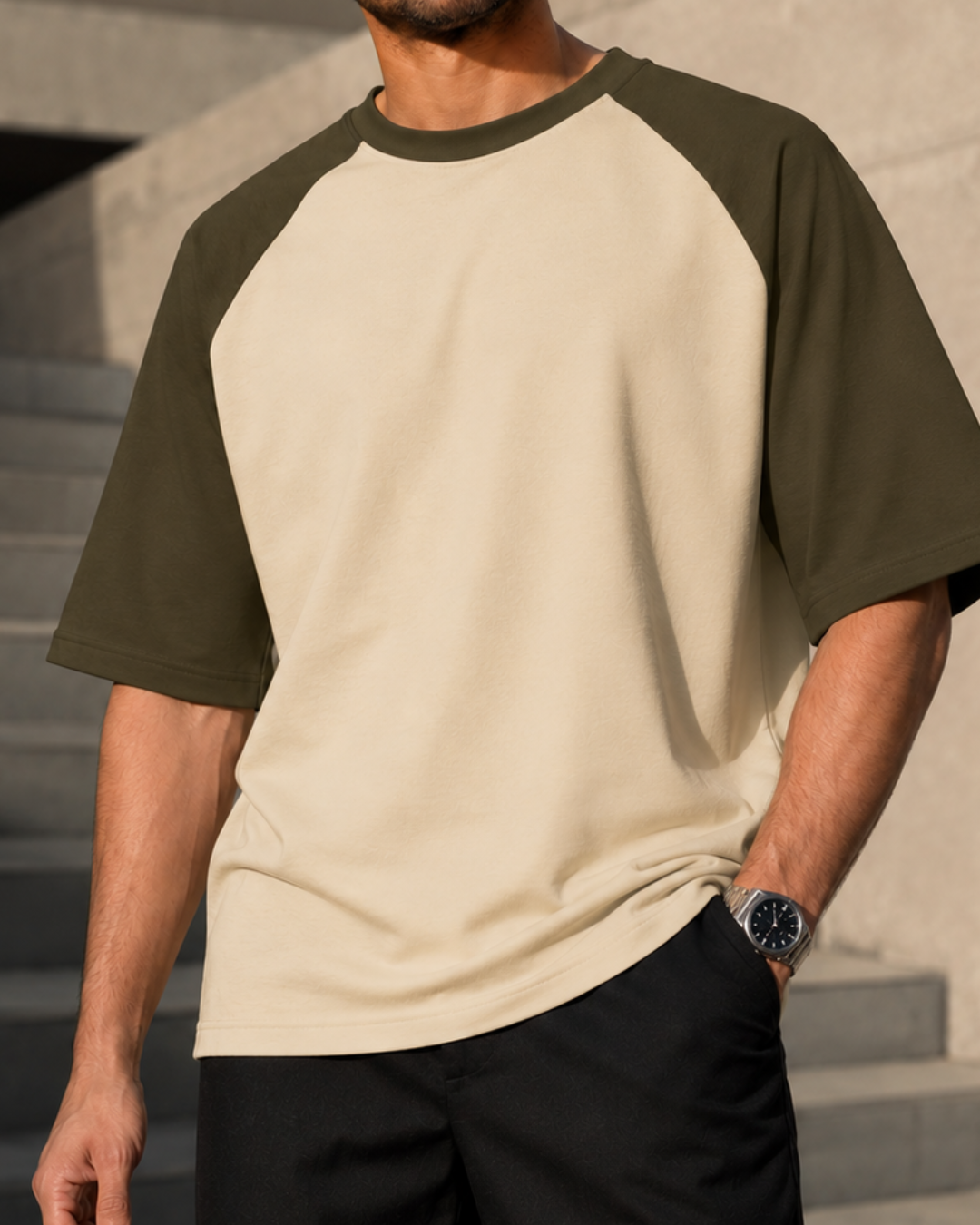 Men wearing oversized olive green and off white raglan T-shirt made from 100% cotton 180 GSM premium streetwear oversized fit from white bear brand