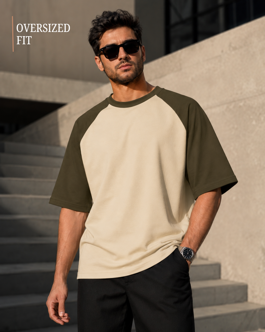 Men wearing oversized olive green and off white raglan T-shirt made from 100% cotton 180 GSM premium streetwear oversized fit from white bear brand