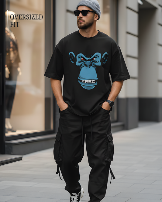 Oversized Black T-Shirt with Blue Gorilla Face Graphic for Men