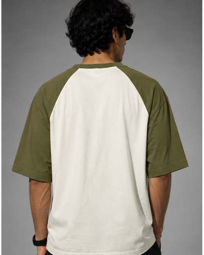 olive green and off white oversized raglan T-shirt for men and women featuring a premium 180 GSM cotton melange fabric, drop shoulder fit, half sleeves, and Parker graphic print by White Bear Clothing.