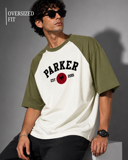 olive green and off white oversized raglan T-shirt for men and women featuring a premium 180 GSM cotton melange fabric, drop shoulder fit, half sleeves, and Parker graphic print by White Bear Clothing.