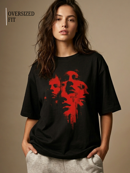 Oversized black graphic t-shirt for women with abstract neon face print streetwear design