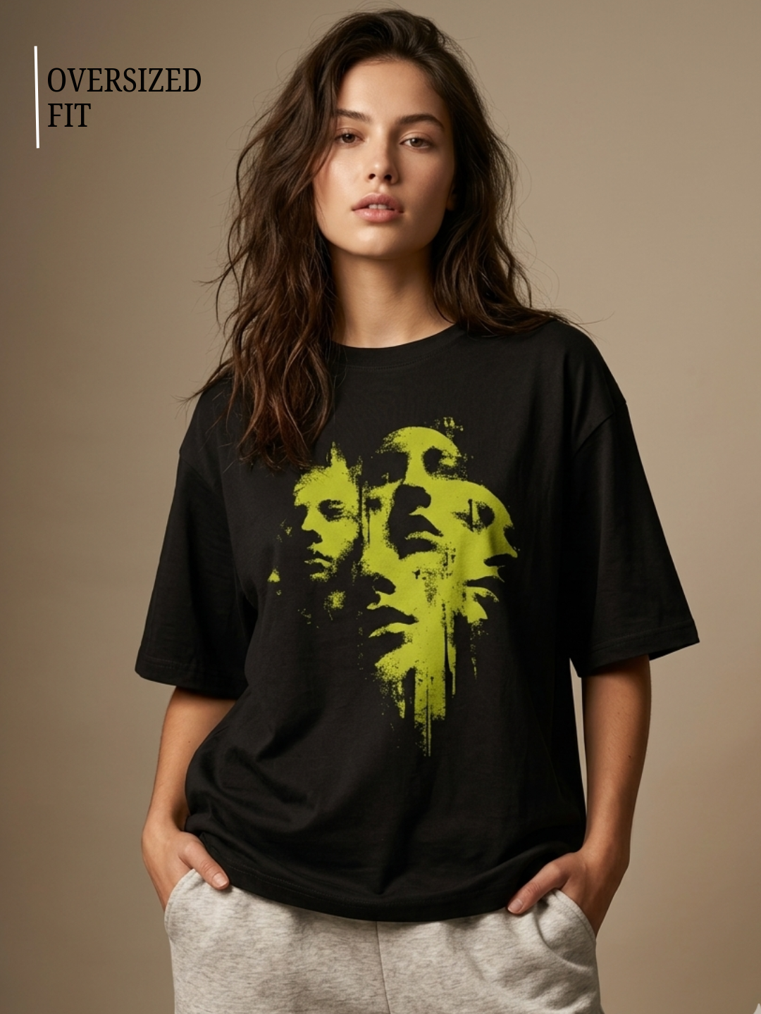 Oversized black graphic t-shirt for women with abstract neon face print streetwear design
