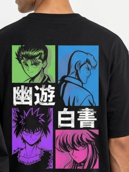 Oversized unisex black anime graphic T-shirt with Spirit Power front print and colorful Japanese anime character panels on the back, 240 GSM cotton streetwear tee worn by male and female models