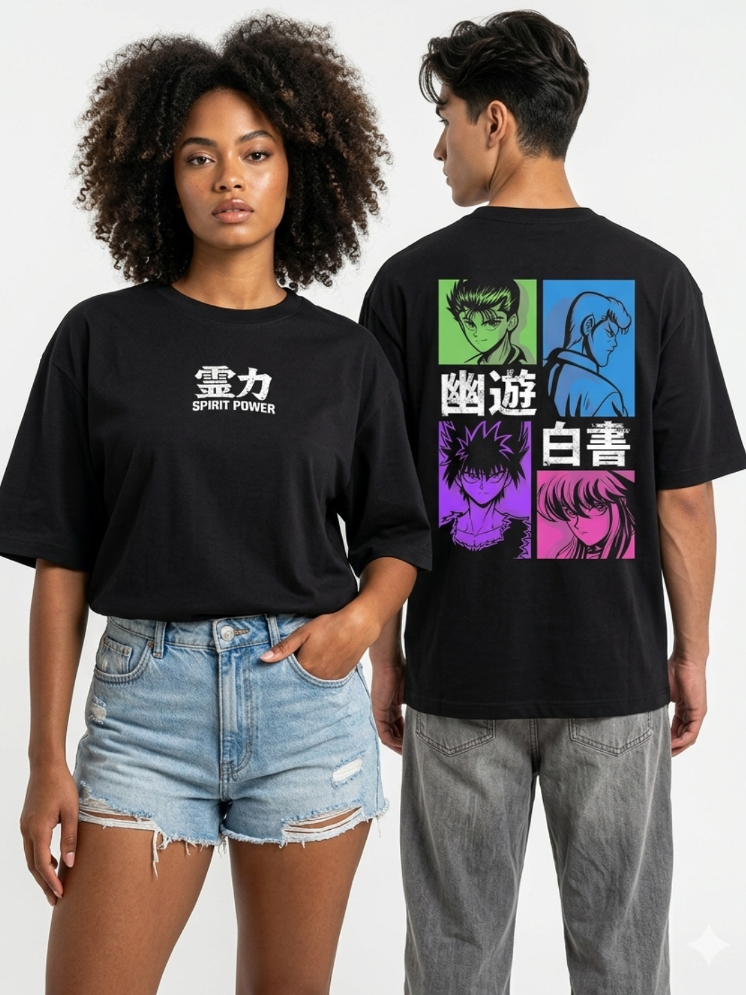 Oversized unisex black anime graphic T-shirt with Spirit Power front print and colorful Japanese anime character panels on the back, 240 GSM cotton streetwear tee worn by male and female models