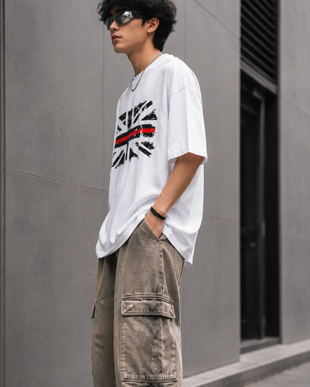 A man wearing an oversized white graphic t-shirt with a distressed Union Jack design and a red stripe, paired with loose brown cargo pants, leaning against a gray wall.relaxed streetwear fit from white bear