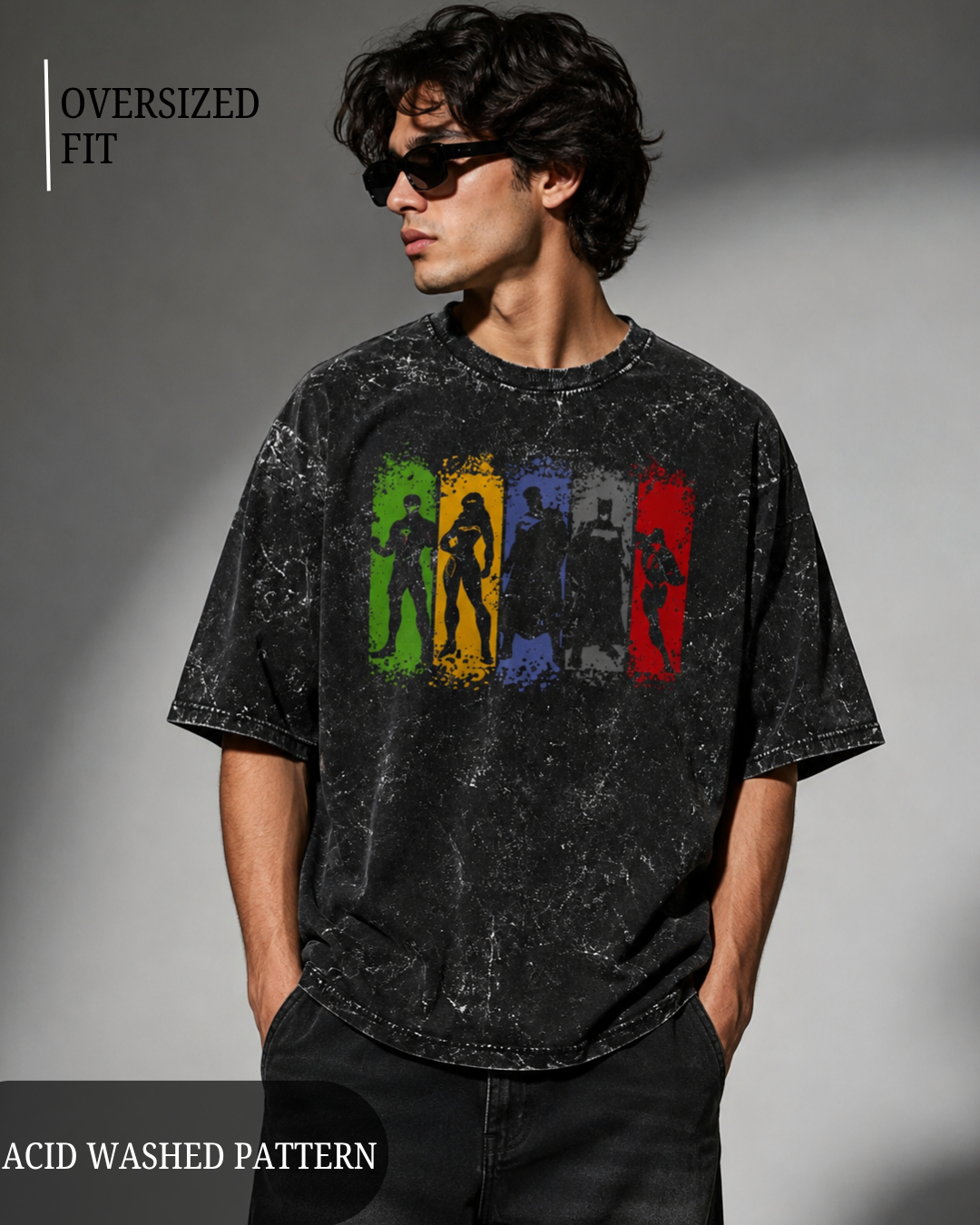 oversized acid-washed t-shirt with colorful avenger print from white bear brand