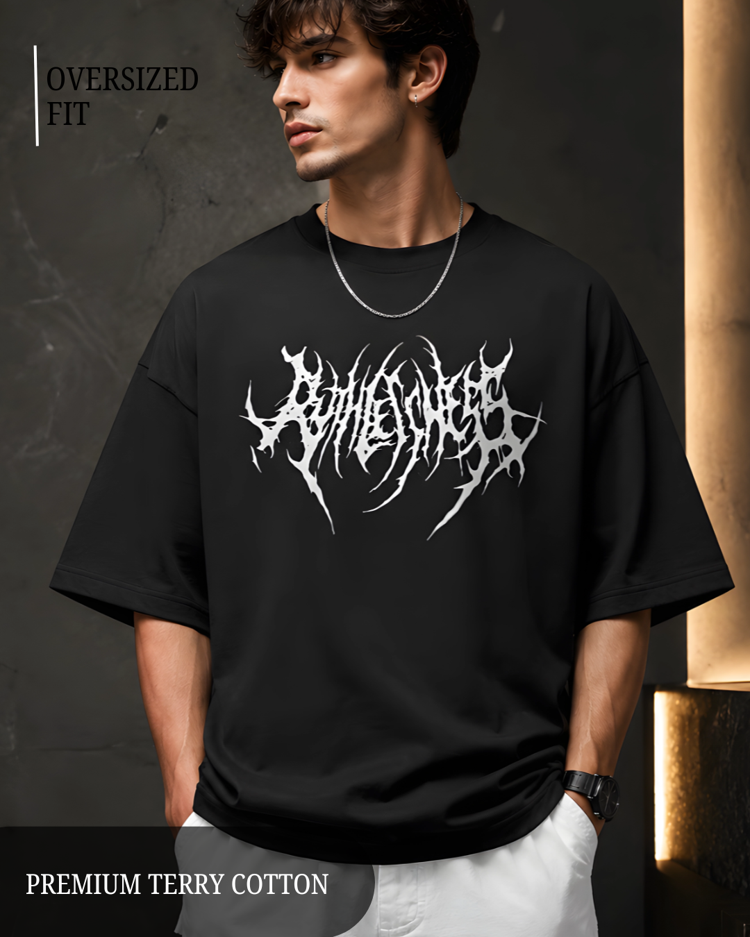 Premium black oversized men's t-shirt back view made from 260 GSM heavyweight terry cotton with dropped shoulders, relaxed fit, soft fabric, and minimalist streetwear style.
