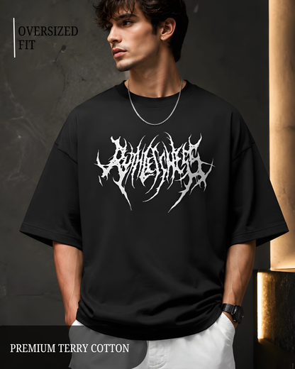 Premium black oversized men's t-shirt back view made from 260 GSM heavyweight terry cotton with dropped shoulders, relaxed fit, soft fabric, and minimalist streetwear style.