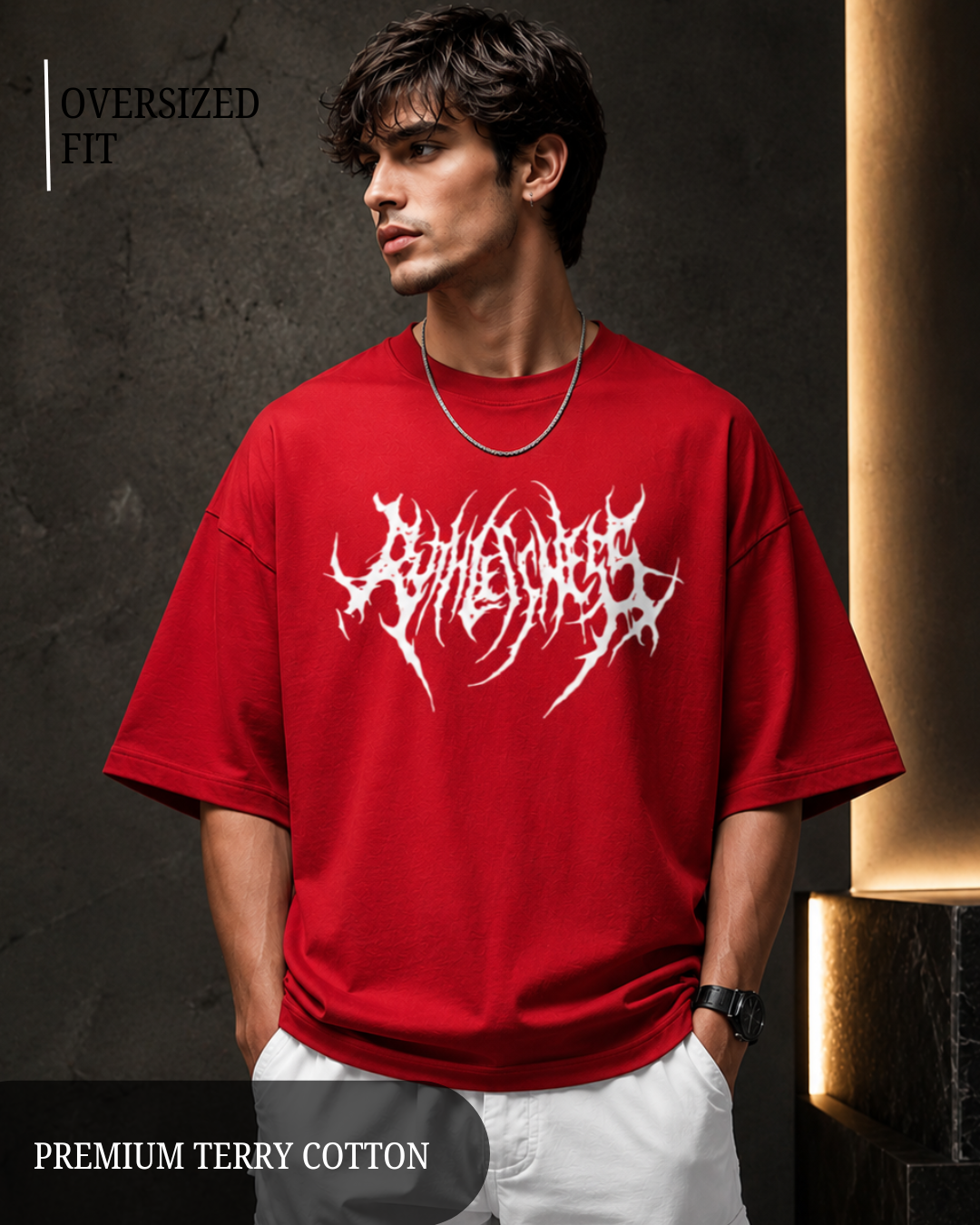Premium red oversized men's t-shirt back view made from 260 GSM heavyweight terry cotton with dropped shoulders, relaxed fit, soft fabric, and minimalist streetwear style.