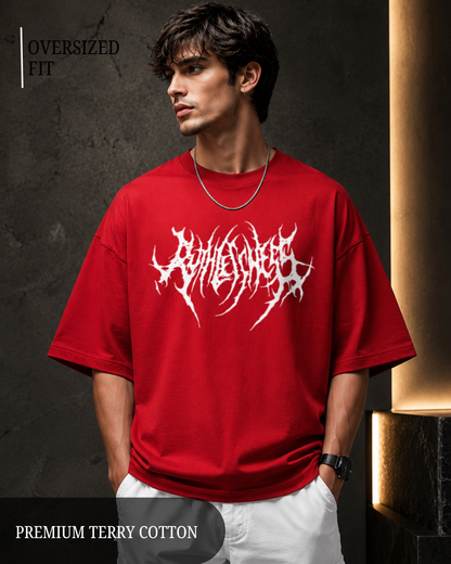 Premium red oversized men's t-shirt back view made from 260 GSM heavyweight terry cotton with dropped shoulders, relaxed fit, soft fabric, and minimalist streetwear style.