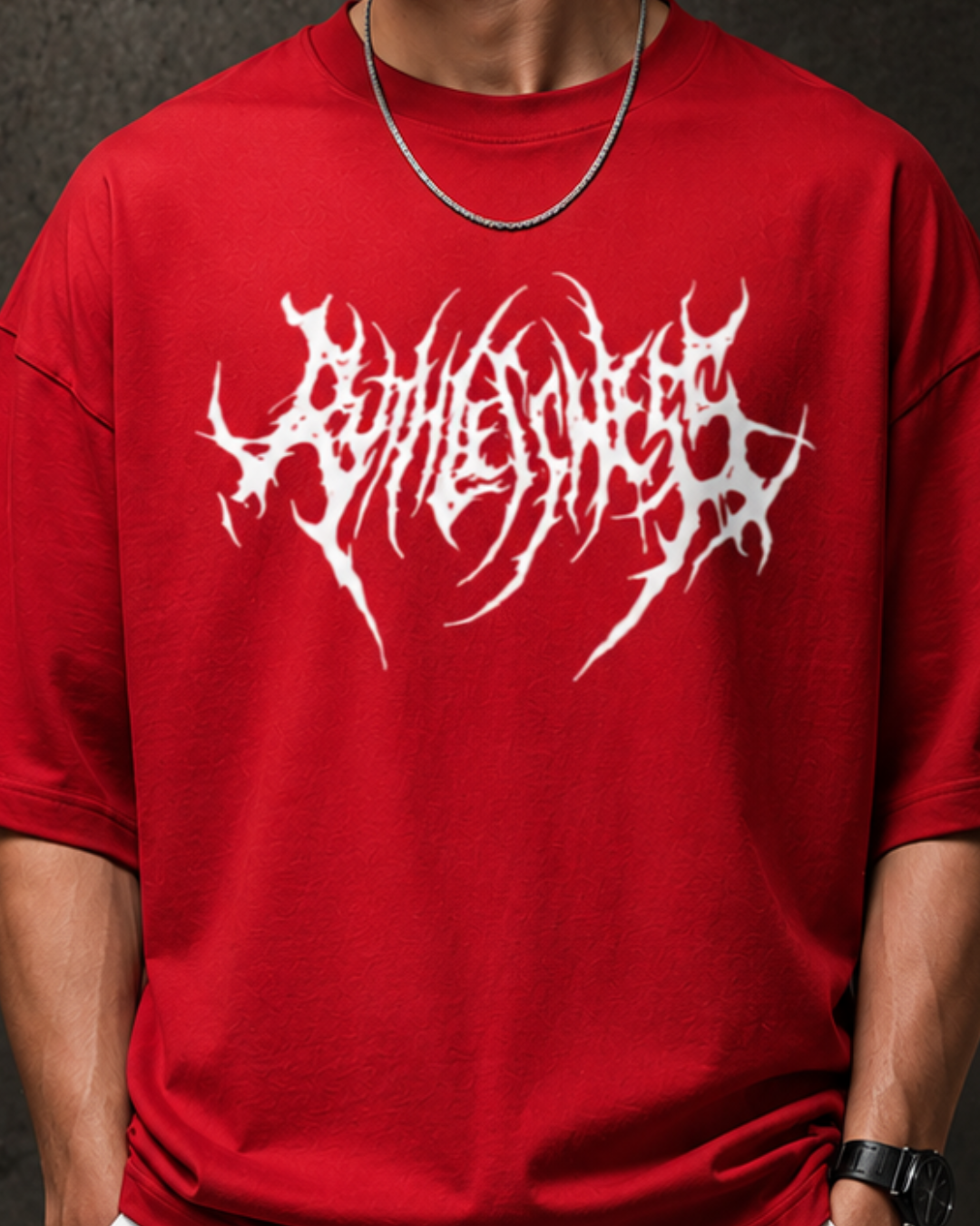 Premium red oversized men's t-shirt back view made from 260 GSM heavyweight terry cotton with dropped shoulders, relaxed fit, soft fabric, and minimalist streetwear style.
