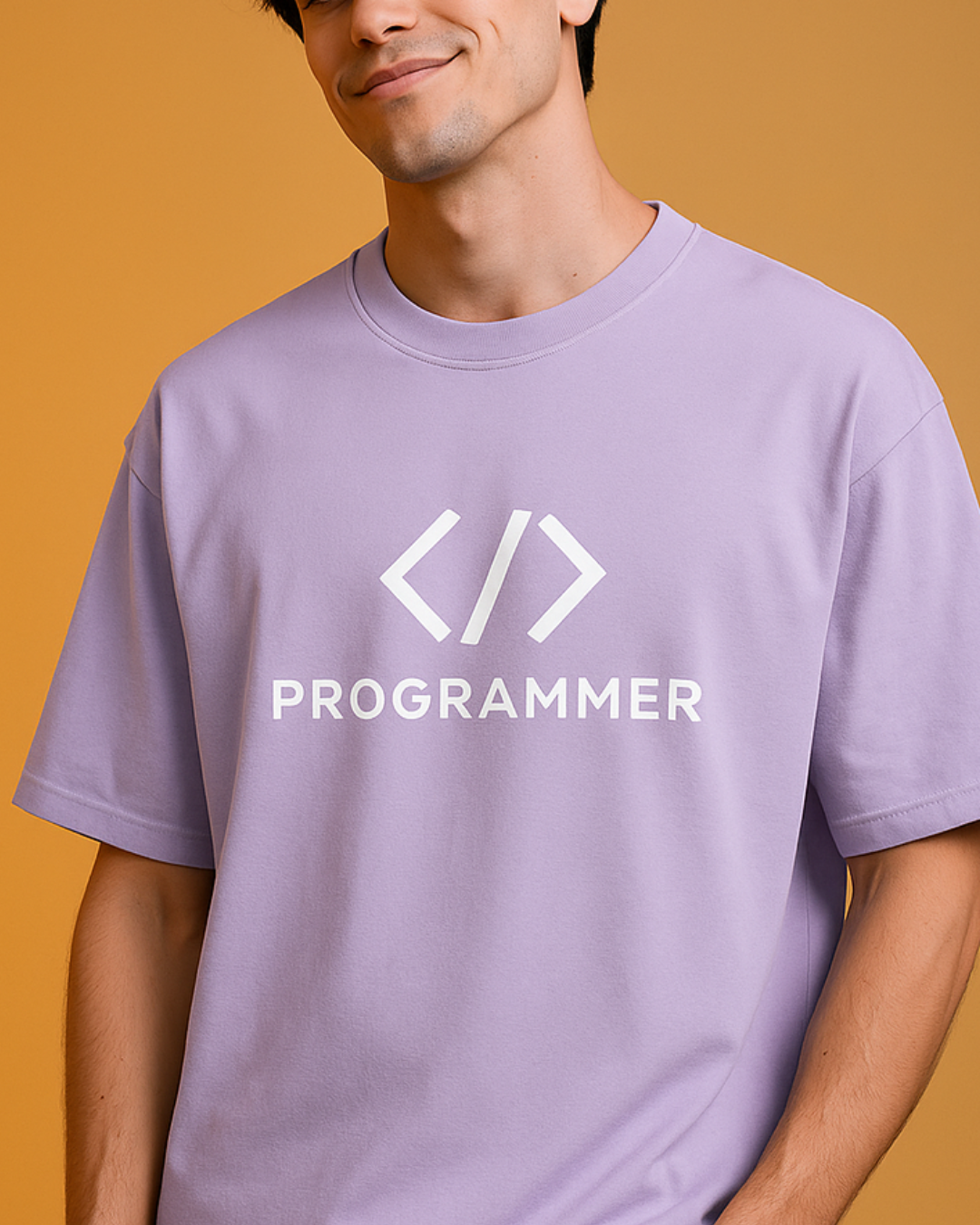 Lavender t-shirt with 'PROGRAMMER' text 