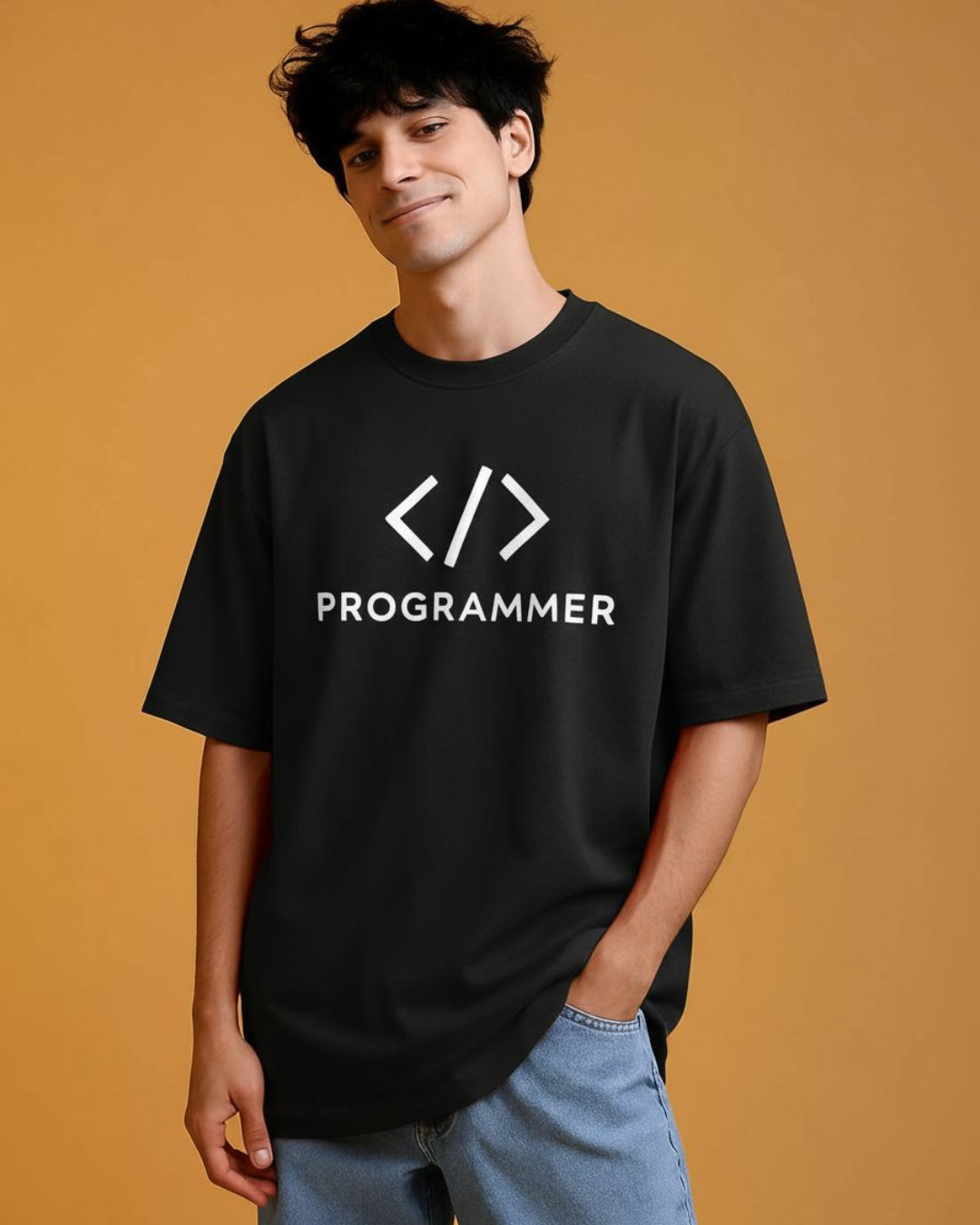 black t-shirt with 'PROGRAMMER' 