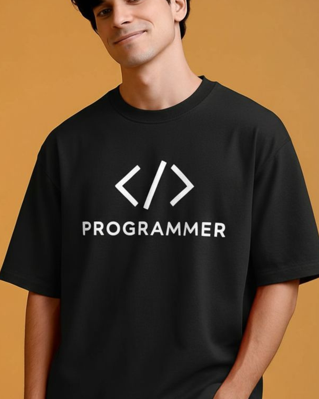 black t-shirt with 'PROGRAMMER' 