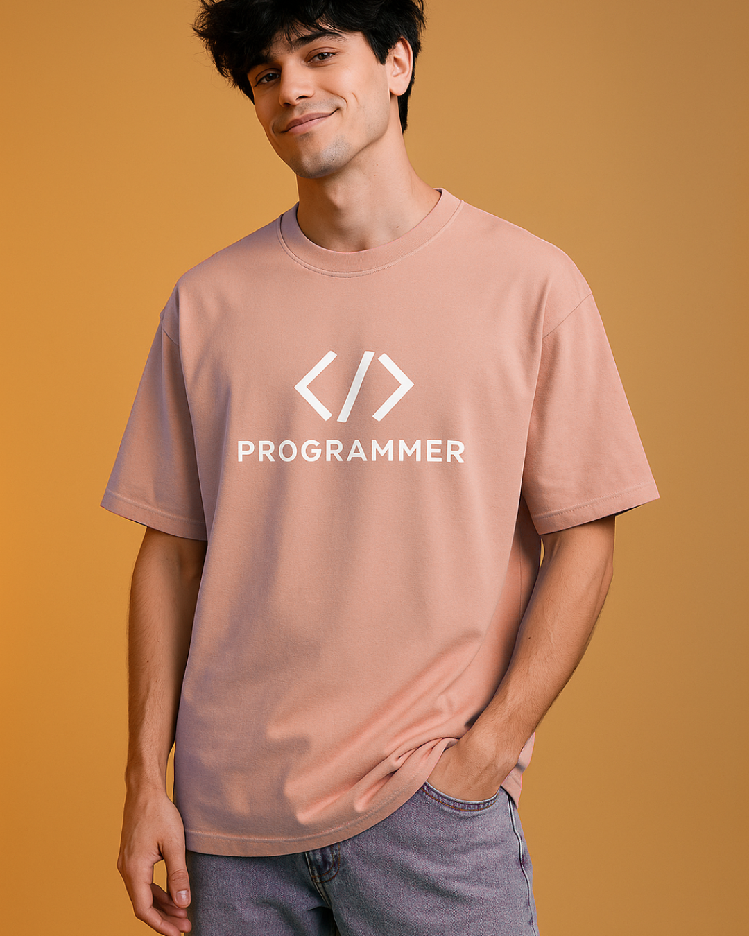 Person wearing a Coral t-shirt with 'PROGRAMMER' 