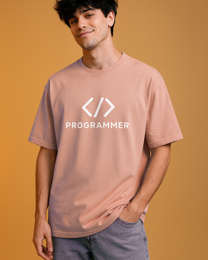Person wearing a Coral t-shirt with 'PROGRAMMER' 
