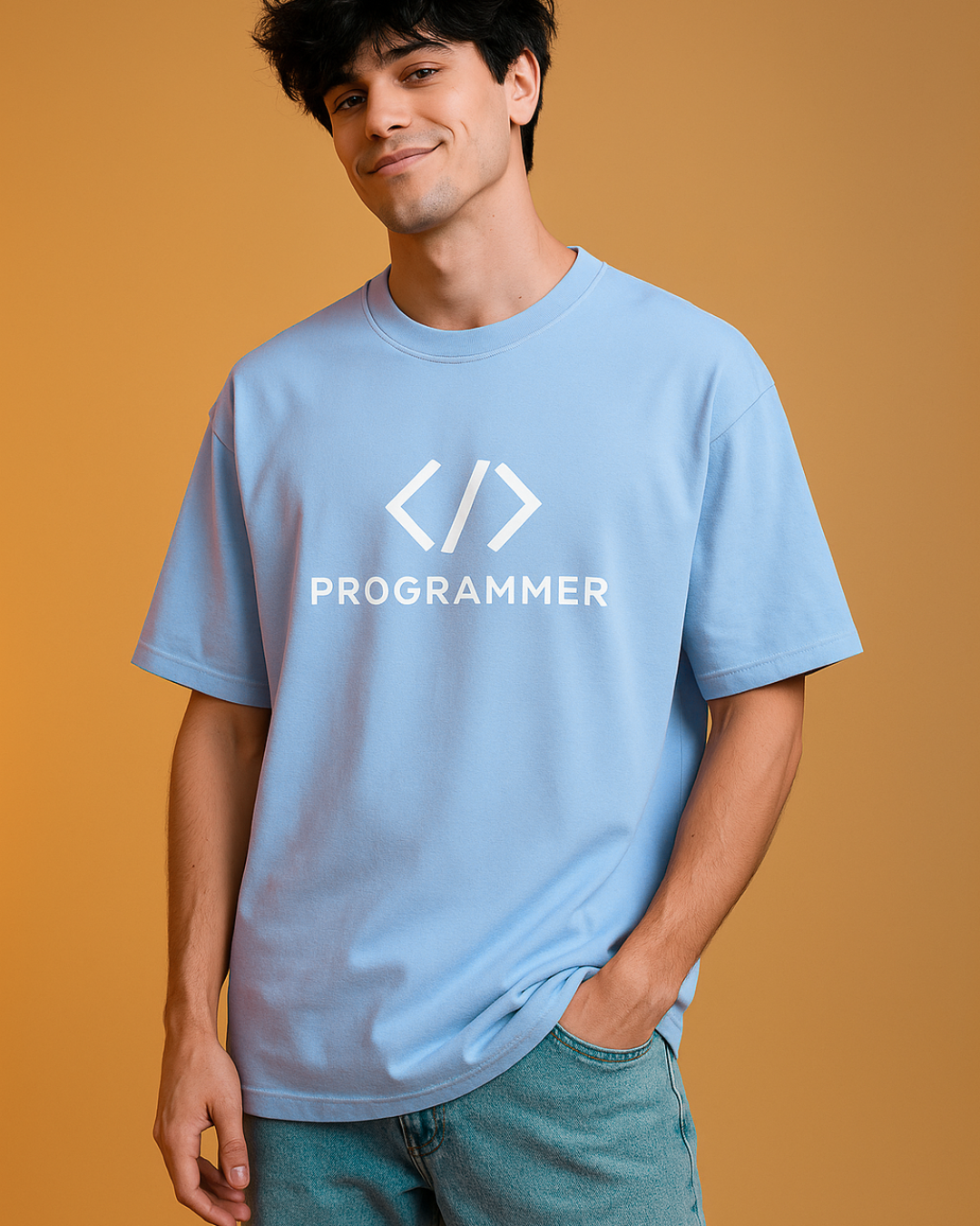 Person wearing a light blue t-shirt with 'PROGRAMMER' and code symbols on a beige background
