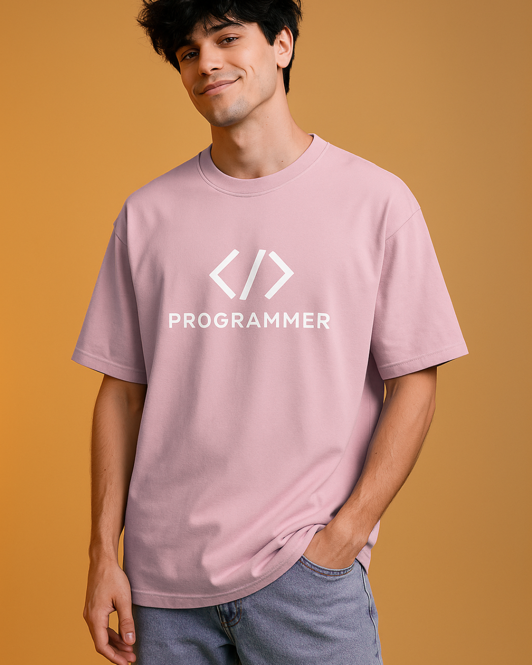 Person wearing a pink t-shirt with 'PROGRAMMER' and code symbols on an orange background