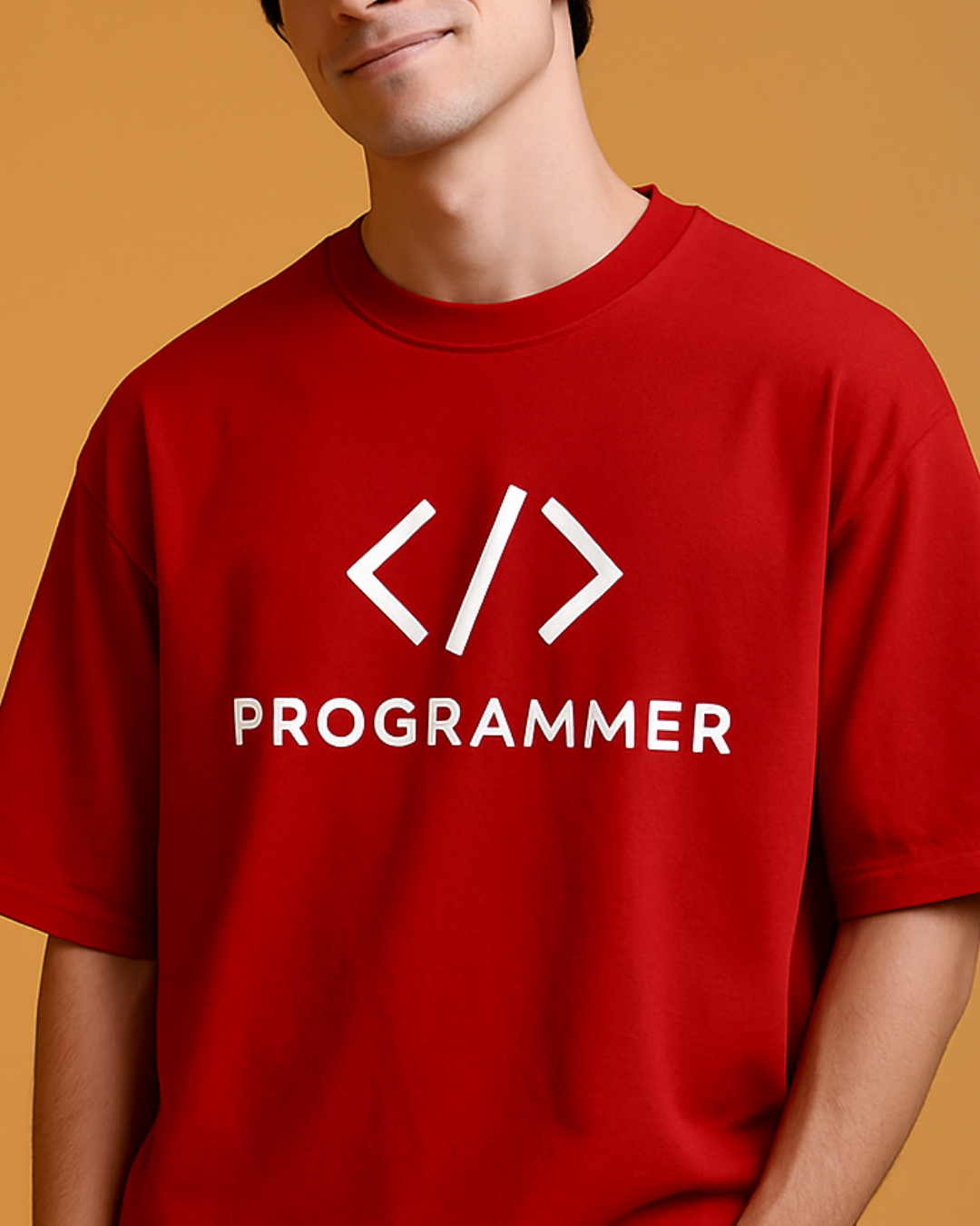 Red t-shirt with a white 'PROGRAMMER' logo