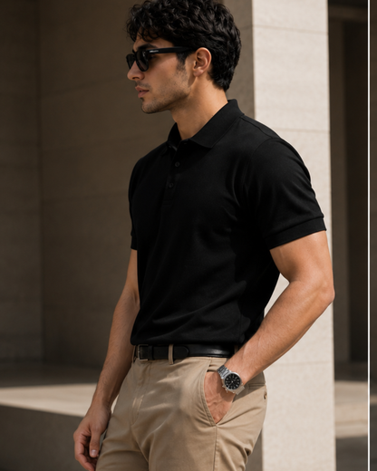 Regular fit black unisex polo T-shirt made from 100% cotton 220 GSM textured fabric with a breathable, premium finish for everyday casual wear from white bear brand.