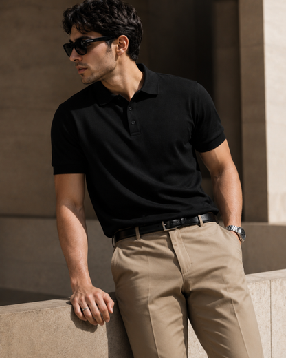 Regular fit black unisex polo T-shirt made from 100% cotton 220 GSM textured fabric with a breathable, premium finish for everyday casual wear from white bear brand.