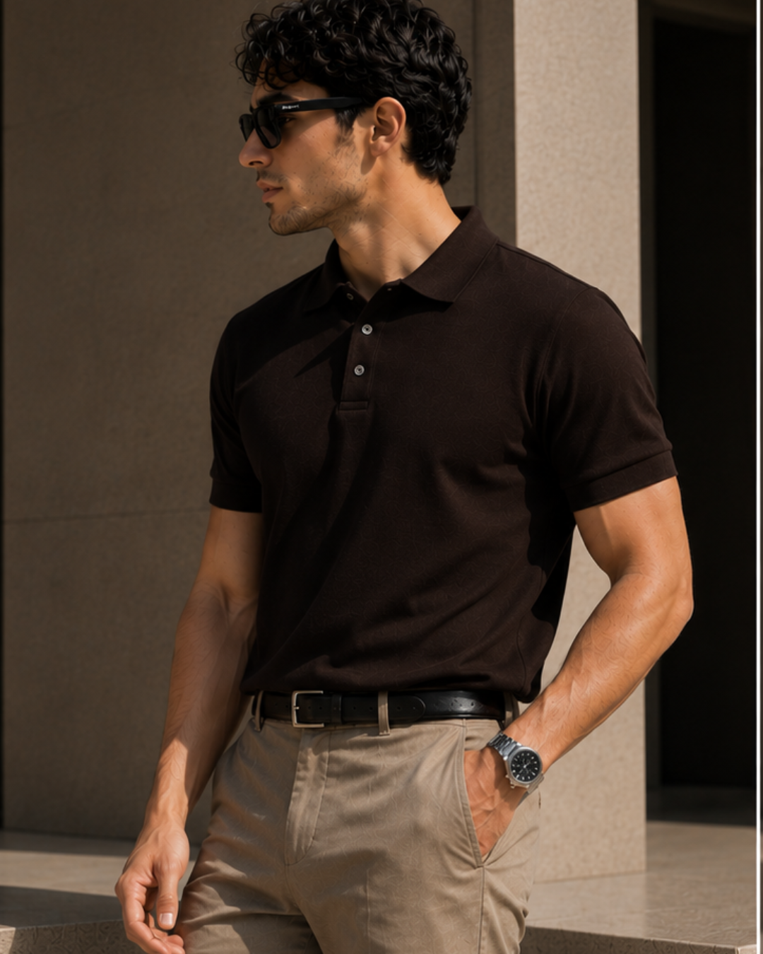 Regular fit coffee brown unisex polo T-shirt made from 100% cotton 220 GSM textured fabric with a breathable, premium finish for everyday casual wear from white bear brand.