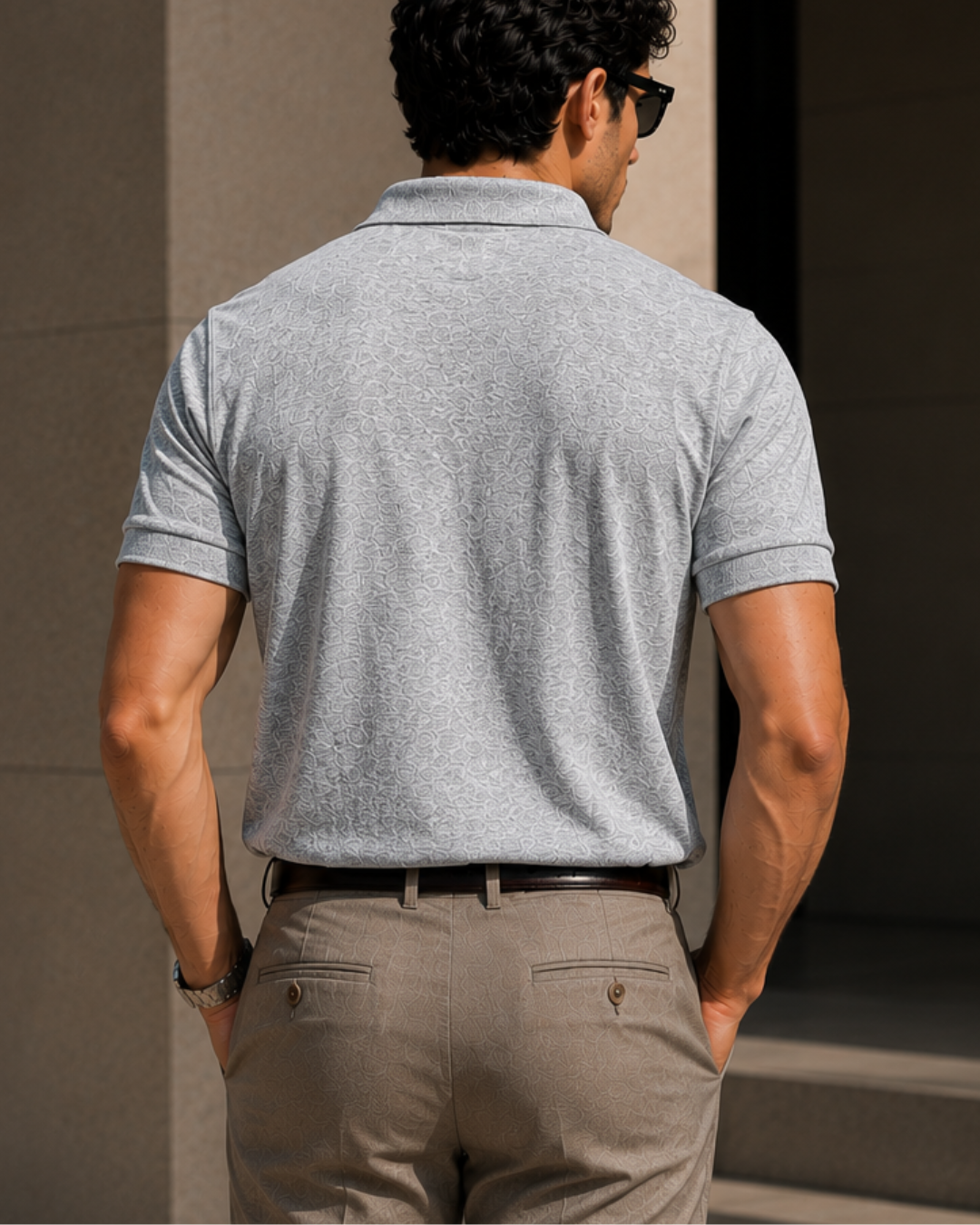 Regular fit grey melange unisex polo T-shirt made from 100% cotton 220 GSM textured fabric with a breathable, premium finish for everyday casual wear from white bear brand.